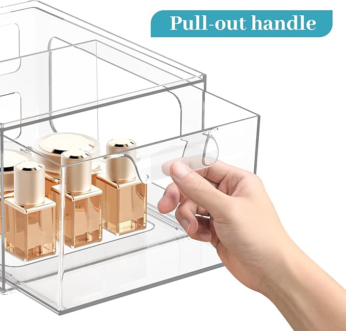 SpaceHacks 6 Pack Stackable Plastic Makeup Organizer Drawers, Acrylic Organizers, Clear Storage Bins with Pull-Out Handles for Vanity, Kitchen Cabinets, Pantry