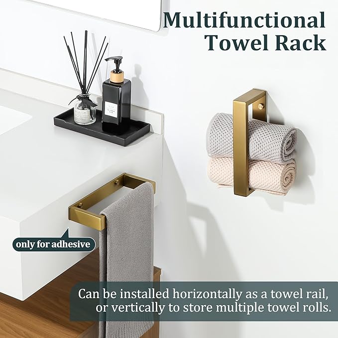 Sayayo Brushed Gold Towel Bar for Bathroom Wall, 8 Inch Hand Towel Holder, Screw or Self Adhesive Towel Ring Square SUS304 Stainless Steel, 3.2 Inch Wider Design