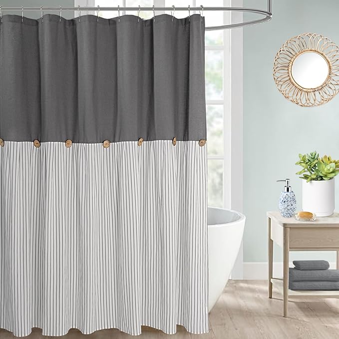 Farmhouse Shower Curtain,Beige and Gray Stripe,Button Curtain,Linen and Cotton Woven Fabric,Rustic Charm Country Chic Style,72x84 in