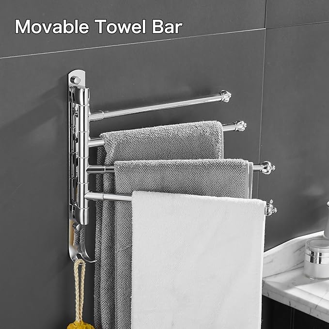 Chrome Rotating Towel Rack Stainless Steel Adjustable Towel Rack Bathroom Towel Rack 12 * 1.5 * 11.7inch Suitable for Bathroom, Bedroom, Balcony Removable Towel bar (electroplated, Four Poles)