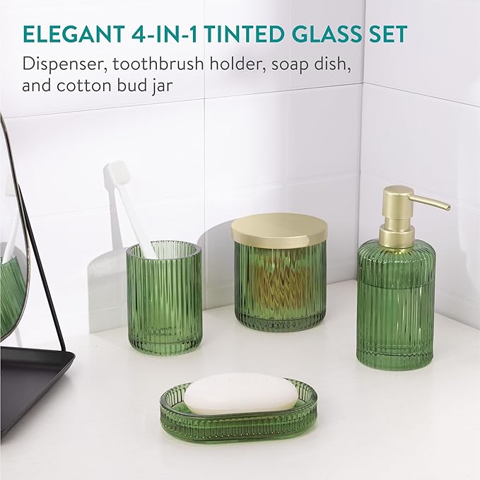 Navaris Glass Bathroom Accessories Set - Durable 4 Piece Accessory Set in Sage Green - Vanity Home Decor - Toothbrush Holder, Soap Dispenser, Cotton Jar & Soap Dish
