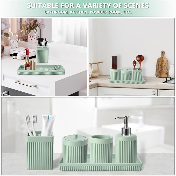 XLHOMO Resin Light Green Bathroom Accessories Set 5 Pcs, Lotion Soap Dispenser, Toothbrush Holder, Bathroom Tumbler, Qtip Holder and Vanity Tray, Bathroom Countertop Organizer Set for Modern Apartment