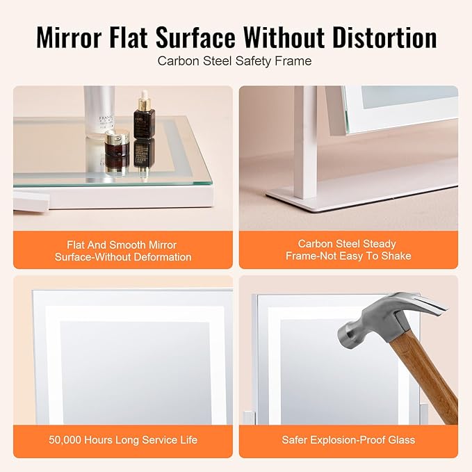 VEVOR Lighted Makeup Mirror, Three Color Lighting Modes Hollywood Vanity Mirror, Makeup LED Mirror with Lights, and 5X Magnification Mirror, Smart Touch Control, 360°Rotation (16.1x11.8 in, White)