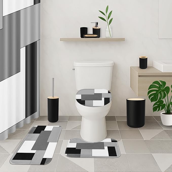 Geometric Checkered Grey Black Bathroom Decor and Accessories Set, Shower Curtain and Rug Set with Trash Can, Soap Dispenser, Soap Dish, Toothbrush Holder, Toothbrush Cup, Toilet Brush