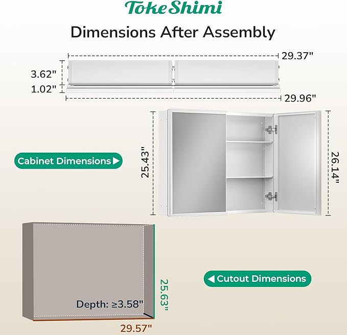 TokeShimi 30 x 26 White Recessed Medicine Cabinet with Mirror, Assembly Required, Bathroom Medicine Cabinet with Mirror, Stepless Adjustable Shelves, Beveled Aluminum Frame, DTC Hinge