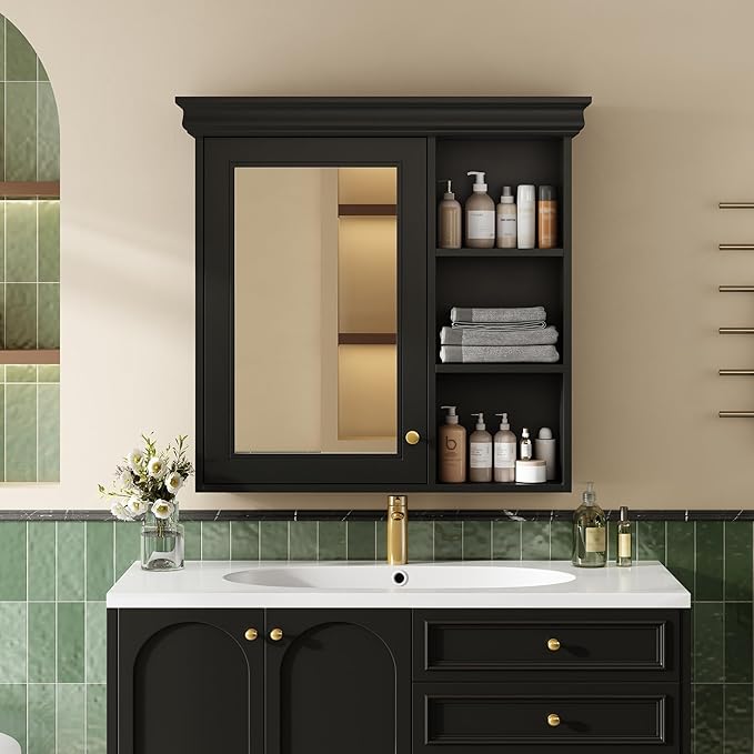 Merax Modern Bathroom Medicine Cabinet with Mirror, 30" x 28" Wall Mounted Medicine Cabinet with Storage and Open Shelves, Over The Toilet Mirrored Wall Storage