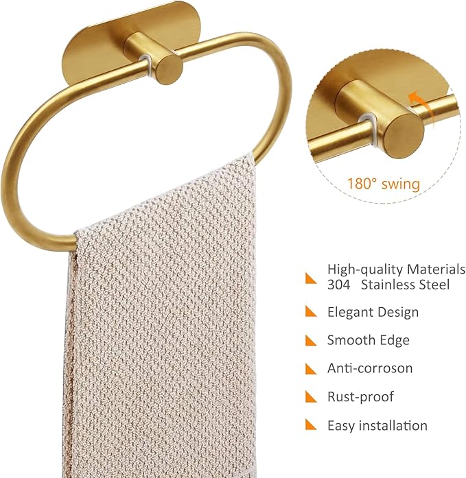 Self Adhesive Towel Ring, Brushed Gold Adhesive Hand Towel Holder Stainless Steel Oval Hand Towel Ring No Drilling Modern Hand Towel Hanger for Bathroom Kitchen Accessories