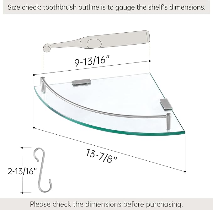 KES Glass Corner Shelf with Hooks 18/8 Stainless Steel, Tempered Glass Bathroom Corner Shelf with Rail, Shower Glass Shelf 3 Pack Wall Mounted, Brushed Finish, BGS2101A-2-P3