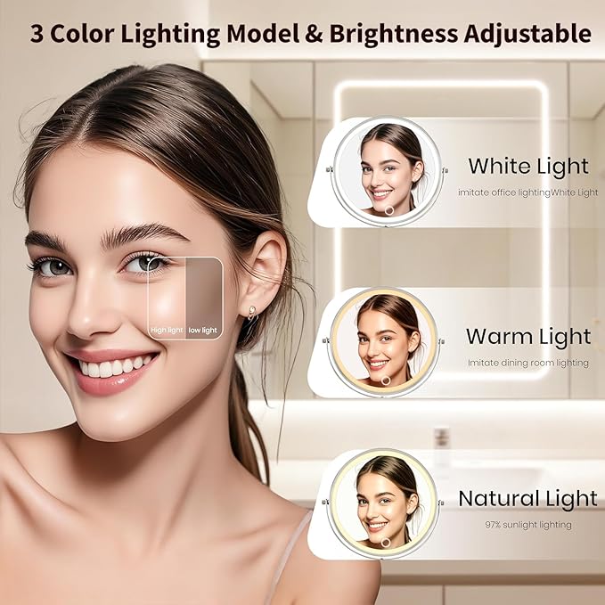 8.5" Wall Mounted Lighted Makeup Mirror, 3000 mAh Rechargeable Double-Sided 1X 10X Magnifying Mirror, 3 Color Lighting, Touch Screen Dimming, Extended Arm 360 Rotation Shaving Bathroom Mirror