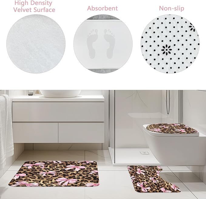 LIGHTINHOME 4 PCS Leopard Print Bow Shower Curtain Set 72Wx72H,Toilet Lid Cover,Non-Slip Rugs and U-Shaped Mat,Girly Pink Cheetah Bathroom Sets with Rugs Shower Accessories 12 Hooks for Bathroom Decor