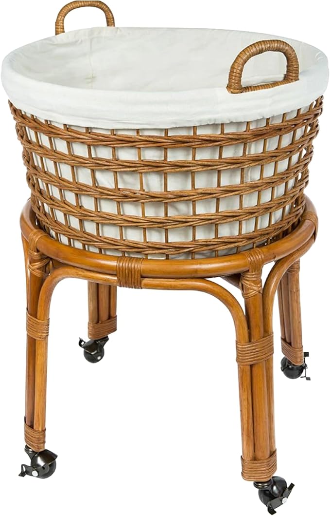 KOUBOO Rolling Wicker Laundry Basket, Handwoven Wicker Hamper with Removable Cotton Liner, Stand, & Locking Caster Wheels, Honey Brown