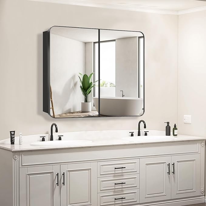 Bathroom Medicine Cabinet with 30"x26" Black Stainless Steel Framed Mirror,Recessed or Surface Mounted Bathroom Mirror Cabinet,Storage Cabinet with Double Door