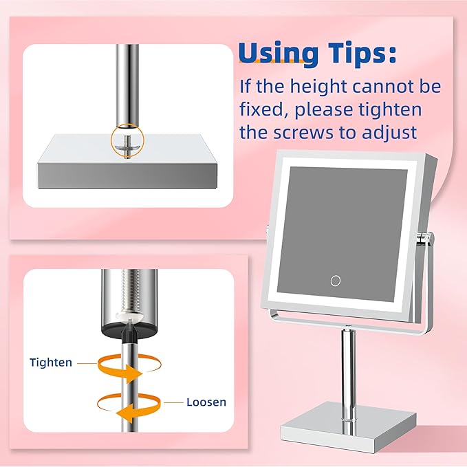 Ruacq Makeup Mirror with Lights, 4000mAh Rechargeable Magnifying Mirror with Light, 1X/10X, Height Adjustable Bathroom Vanity Mirror, 3 Colors, Adjustable Brightness (Chrome)