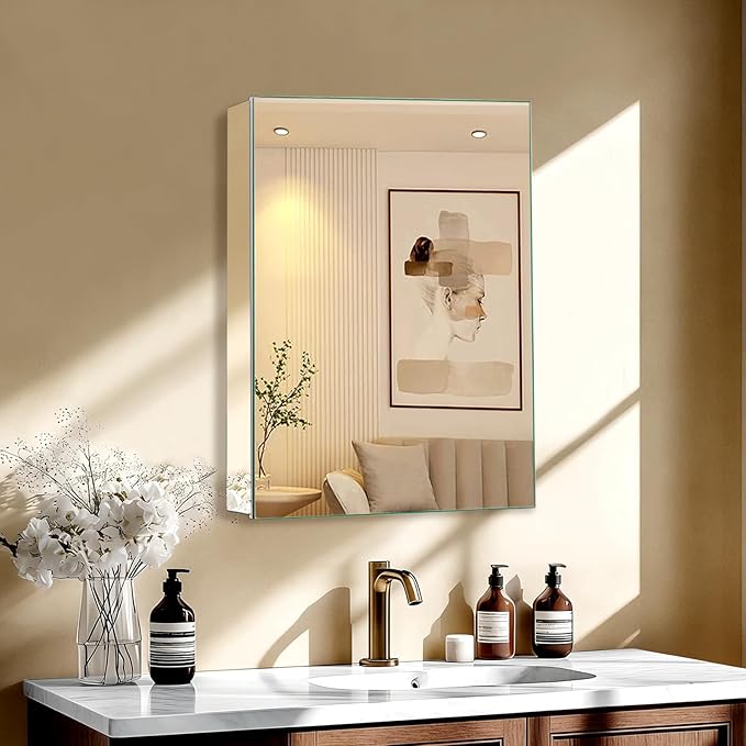 16 x 24 Inch Bathroom Medicine Cabinet with Mirror, Medicine Cabinet Mirror, Bathroom Mirror with Storage with 2 Adjustable Shelves, Assembly Required, Support Recessed or Surface Mount