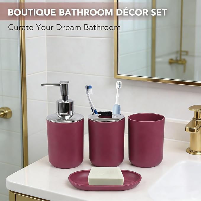 Red Bathroom Accessories Set, 4 Piece Plastic Bathroom Toothbrush Holder Set, Include Soap Dispenser, Toothbrush Holder, Rinse Cup, Soap Dish, Boho Burgundy Bathroom Decor for Home, Bathroom Set