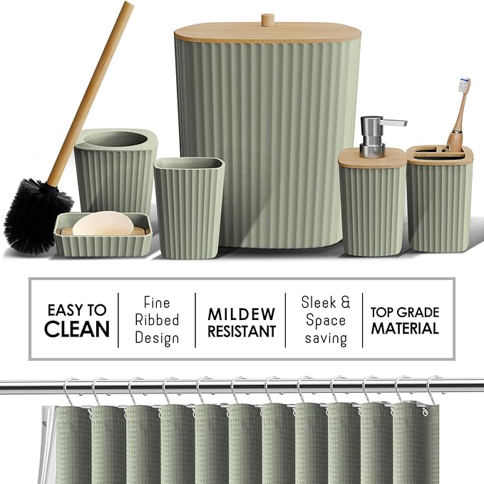 Clara Clark Bathroom Accessories Set - Bathroom Set, Bathroom Sets with Shower Curtain and Rugs, Shower Curtain Set with Trah Can - Light Sage Green - 22PC