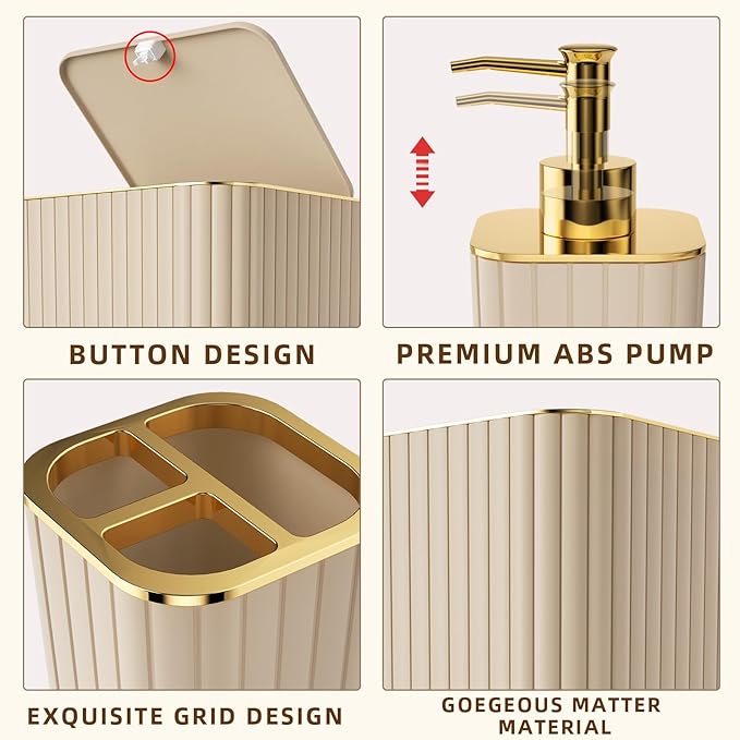 XLHOMO Bathroom Accessory Set - 26PC Bathroom Shower Curtain and Rug Set, Bathroom Accessories Set, Beige Bathroom Set with Trash Can, Toilet Brush, Qtip Holder & Soap Dispenser