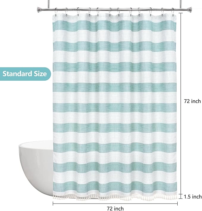 Boho Chic Thick Teal Shower Curtain with Tassels, 350GSM Cotton Linen Soft Fabric Shower Curtain Aqua Green, 72 x 72 Inch Heavyweight Elegant Farmhouse Bathroom Decor Curtain French Country