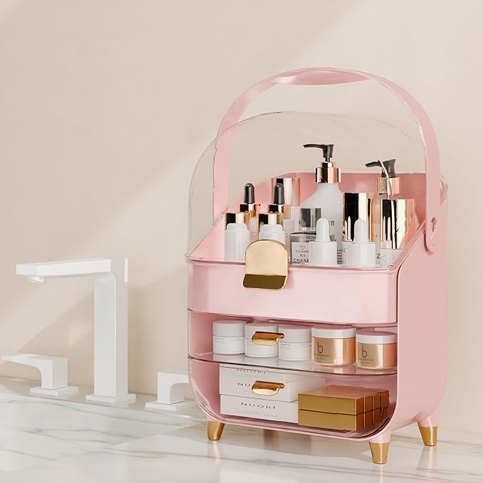 Makeup Organizer Countertop With Lid And Drawers Large Skin Care Cosmetic Display Case Holder for Vanity Desk Bathroom Storage Box,Pink