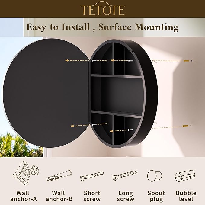 TETOTE Bathroom Mirror Cabinet 30 x 30 Matte Silver Gray Round Bathroom Medicine Cabinet with Mirror Adjustable Shelves Farmhouse Wall Mirror with Storage Surface Mounted