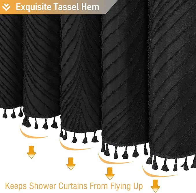 BTTN Black Boho Farmhouse Shower Curtain, Tufted Leaves Textured Striped Fabric Shower Curtain Set with Tassels, Water Repellent, Modern Minimalist Shabby Chic Shower Curtains for Bathroom, 72 x 72