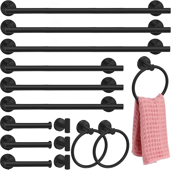 Gisafai 15 Pcs Black Bathroom Accessories Hardware Set Towel Racks for Bathroom SUS304 Stainless Steel 23.6 Inch Brushed Towel Bar Ring Toilet Paper Holder Robe Hooks for Wall Mounted