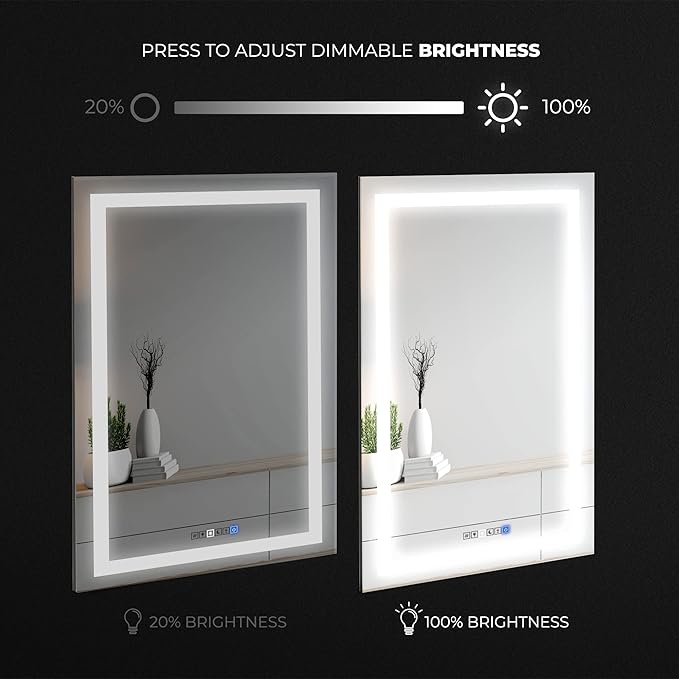 30x40 Inch Rectangular LED Bathroom Mirror with Lights Front and Backlit, 3 Color Modes, Touch Dimmer, Anti-Fog - Wall Mounted Vanity Mirror for Bathroom, Bedroom - Fab Glass and Mirror