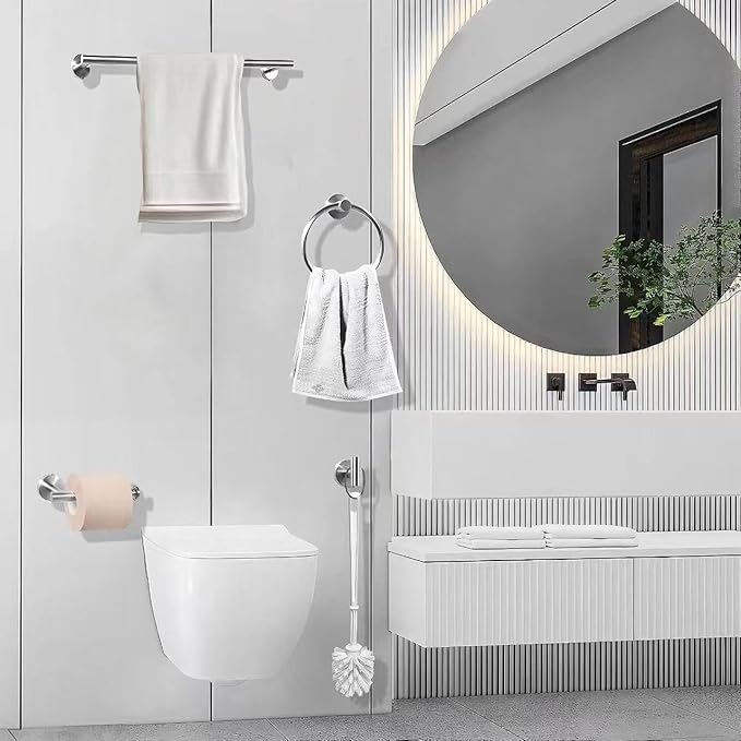 Brushed Silver Bathroom Towel Bar Set, 5-Piece Stainless Steel Hardware Bathroom Accessories, 16" Towel Racks for Bathroom Walls