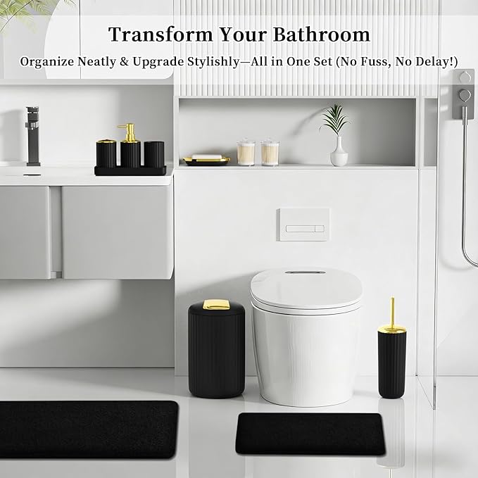 Black and Gold Bathroom Set with Shower Curtain and Rugs, Bathroom Accessories Sets with Extra Soft and Absorbent Bath Rugs Shower Curtain Black Bathroom Sets for Bath