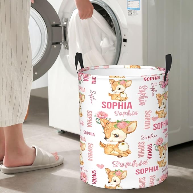 Personalized Deer Laundry Baskets, Custom Deer Gifts with Customized Name, Collapsible Laundry Hamper for Kids Adults Home Decoration,16.5 X 13.8in