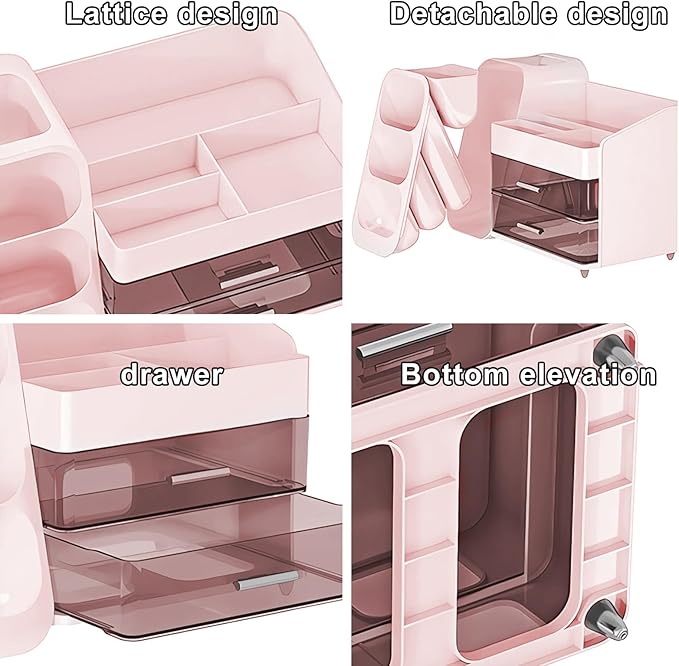 DASITON Makeup Organizer with Brush Holder for Vanity, Bathroom Countertop Organizer with 2 Drawers, Large skincare storage organizers for perfume, lipstick, Nail Polishes and Beauty Essential (Pink)