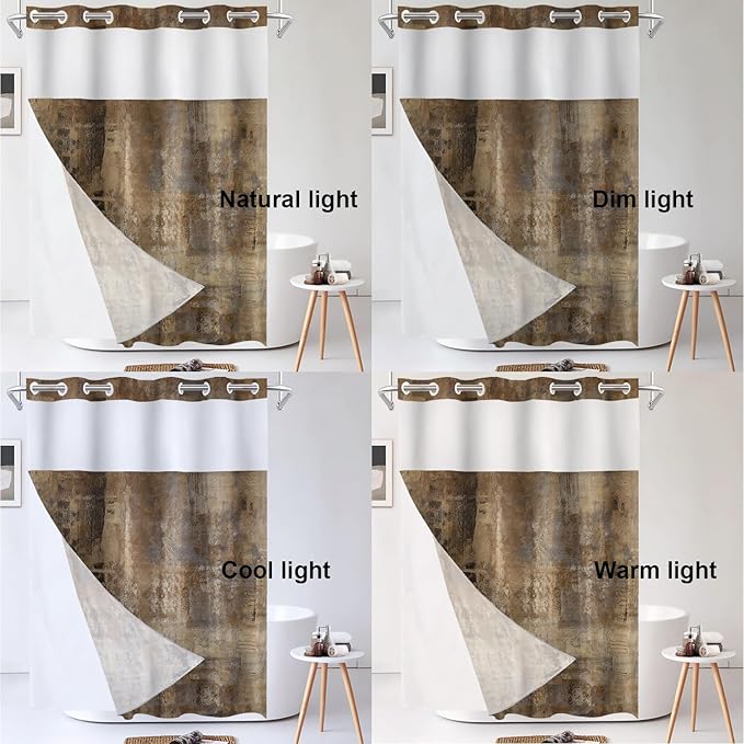 Shrahala Brown Abstract Art No Hooks Shower Curtain with Snap in Liner Set, Grey Acrylic Bathroom Décor Polyester Fiber Waterproof for Stall Bathtubs 54 X 80 in