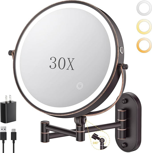 9" Wall Mounted Lighted Makeup Mirror,4000mAh Rechargeable Double Sided 1X/30X Magnifying Mirror with Light,Touch Dimmable,Extended Arm 360 Rotation Wall Mounted Makeup Mirror 3 Color Lights-Bronze
