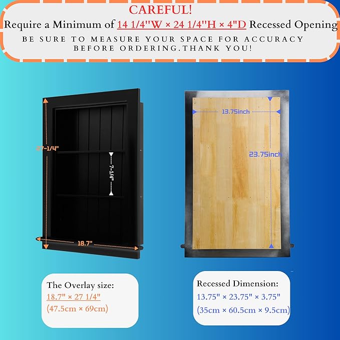 14 x 24 Medicine Cabinet Recessed, Wall Niche, Bathroom Wall Cabinet, 3-Tier, Between Studs Shelving for Drywall, Black