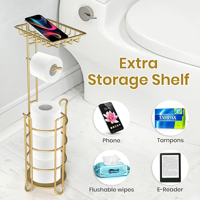 Gold Toilet Paper Holder Stand with Shelf, Freestanding Tissue Roll Holder, Holds 4 Mega Rolls and Extra Storage for Phone, Wipes