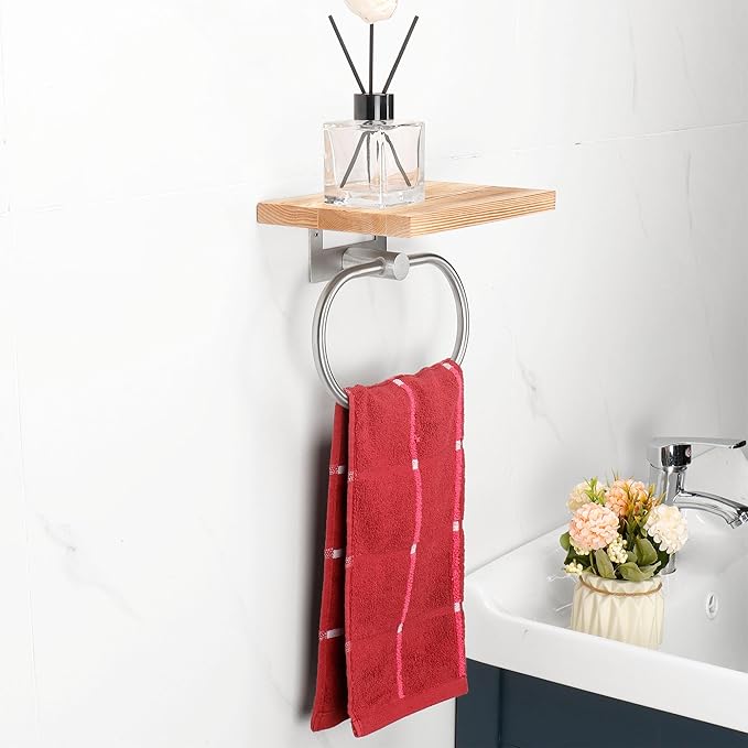 TocTen Hand Towel Holder for Bathroom Wall Mount Towel Ring with Wooden Shelf, Premium Metal Hand Towel Rack, Bathroom Accessories Rustic Hand Towel Hanger for Bathroom Kitchen RV(Brushed Nickel)