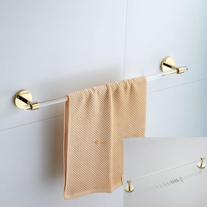 3 Pieces Bathroom Accessories Hardware Set Wall Mounted,Towel Rack 16 inches+Toilet Paper Holder+Hook,Acrylic and Brass,Gold Towel Bar Set SHUNLI