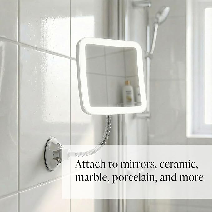 Fancii 10x Flexible Magnifying Mirror with 3 LED Light Settings, Rechargeable - Gooseneck Lighted Makeup Mirror for Bathroom, Locking Suction Mount, Cordless, 360° Rotatable (Mira 2 Plus)