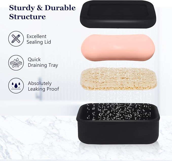 HighHerz Leak Proof Silicone Travel Soap Case with Draining Tray - Bar Soap Holder for Travel, Gym & Camping - Mess-Free Portable Soap Container for Carry-on Bags (Black)