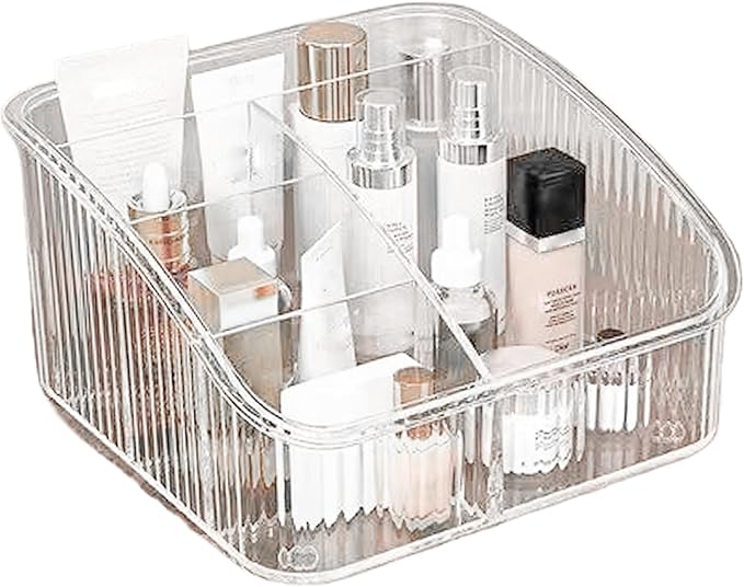 Plastic Makeup Organizer, Clear Plastic Makeup Organizer, 5 Compartment Cosmetic, 7x7x4 Inch Holder for Bedroom Vanity
