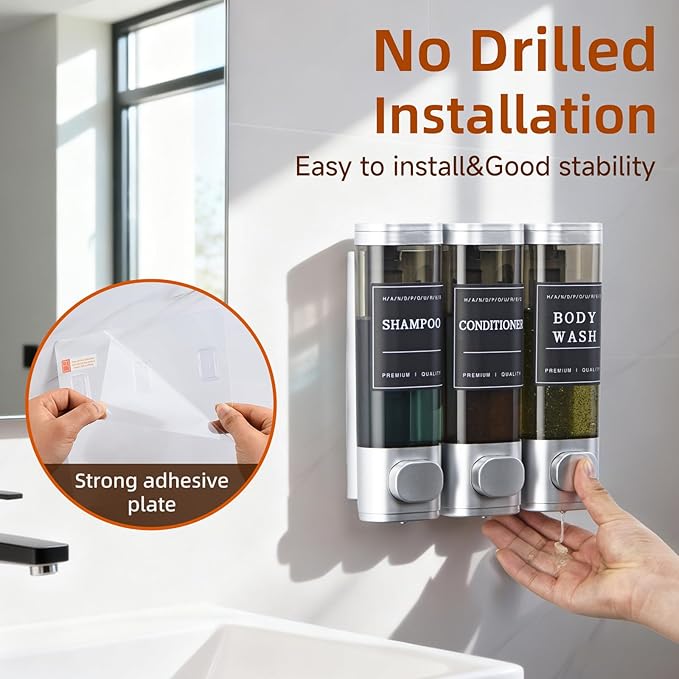 Shampoo and Conditioner Dispenser,Shower Soap Dispenser 3 Chamber No Drill Wall-Mounted for Bathroom & Hotel Leak-Proof Pumps, for Thick Liquids Like Conditioner - 1050ML High Capacity, Silver