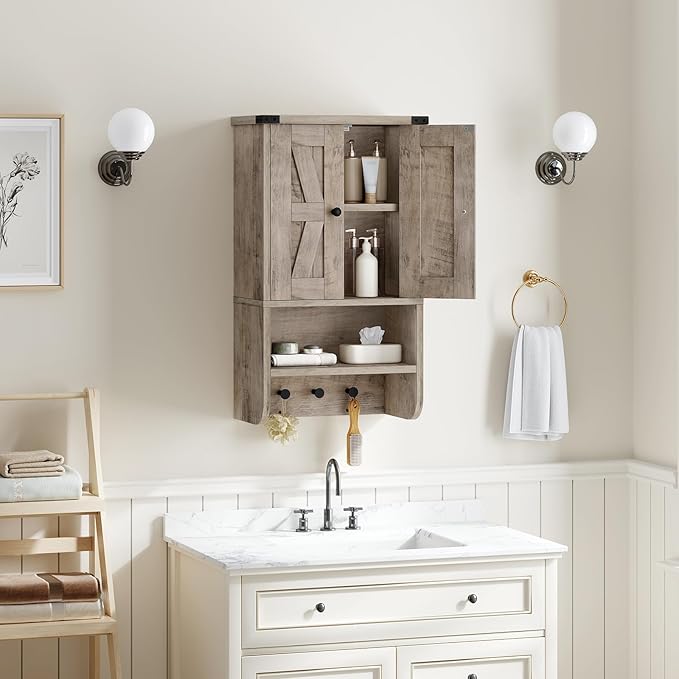 MAHANCRIS Bathroom Wall Cabinet, Farmhouse Medicine Cabinet with Adjustable Shelf, 3-Tier Wall-Mounted Storage Cabinet with 3 Hooks and Open Shelf, for Bathroom, Living Room, Kitchen, Greige