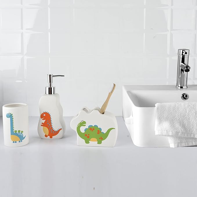 Kids Dinosaur Bathroom Set – 3-Piece Fun Bathroom Accessories for Kids, Including Toothbrush Holder, Soap Dispenser, and Cup – Adorable Dinosaur Décor for a Playful Bathroom.