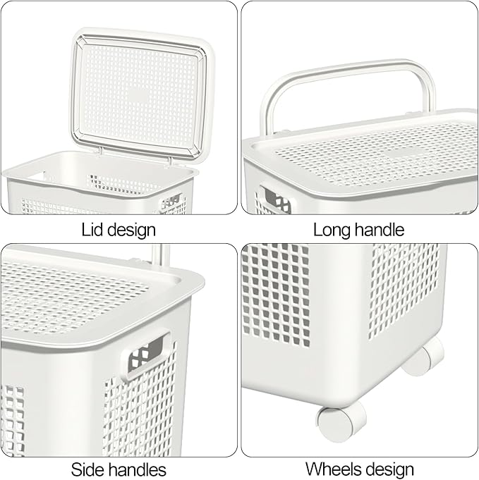 65 L Large Laundry Basket with Lids, Plastic Laundry Hamper with Wheels, 4 Packs