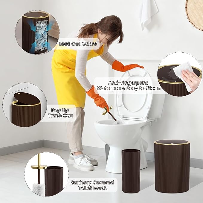 Brown Bathroom Accessories Set, 10PC Bathroom Set, Bath Accessory with Pop Up Trash Can, Soap Dispenser, Toilet Brush, Toothbrush Set Qtip Holders & Tray