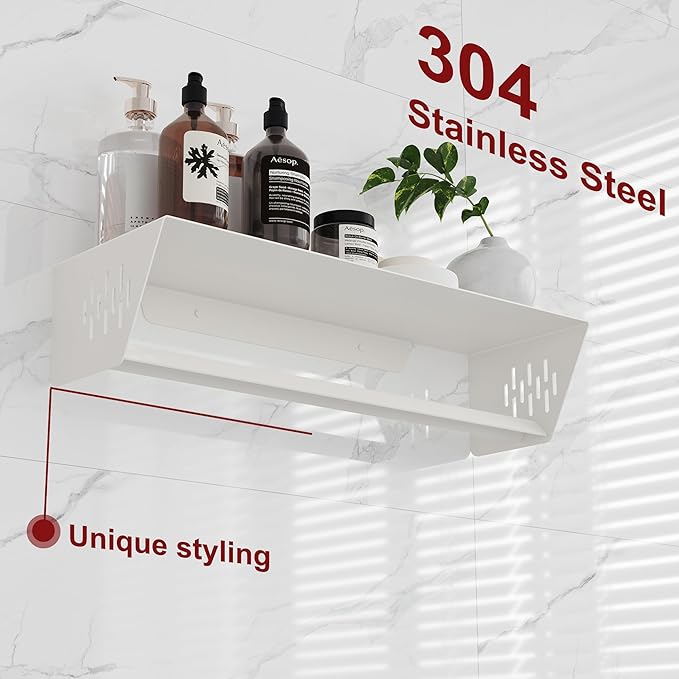 Qeke Bathroom Lavatory Towel Rack, Wall Mount Towel Holder Towel Hanger Shelf with Towel Bar, SUS 304 Stainless Steel Towel Rack for Bathroom and Lavatory, Matte White, 18 Inch