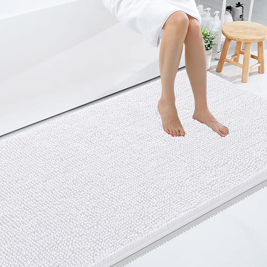 Smiry Luxury Chenille Bathroom Rugs 71x47, Extra Soft and Absorbent Shaggy Bath Mat, Machine Washable, Non-Slip Plush Carpet Runner for Tub, Shower, and Floor, Home Decor Accessories, White