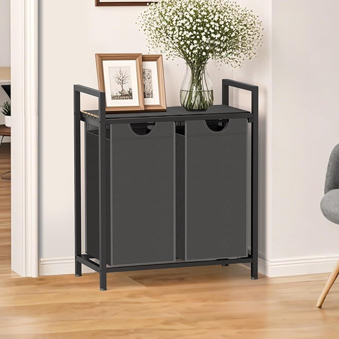 Sonharlar Laundry Hamper, Laundry Sorter with 2 Pull-Out Removable Oxford Fabric Bags Cloth Laundry Basket 2 x 10 Gallons (Grey and Charcoal Black)