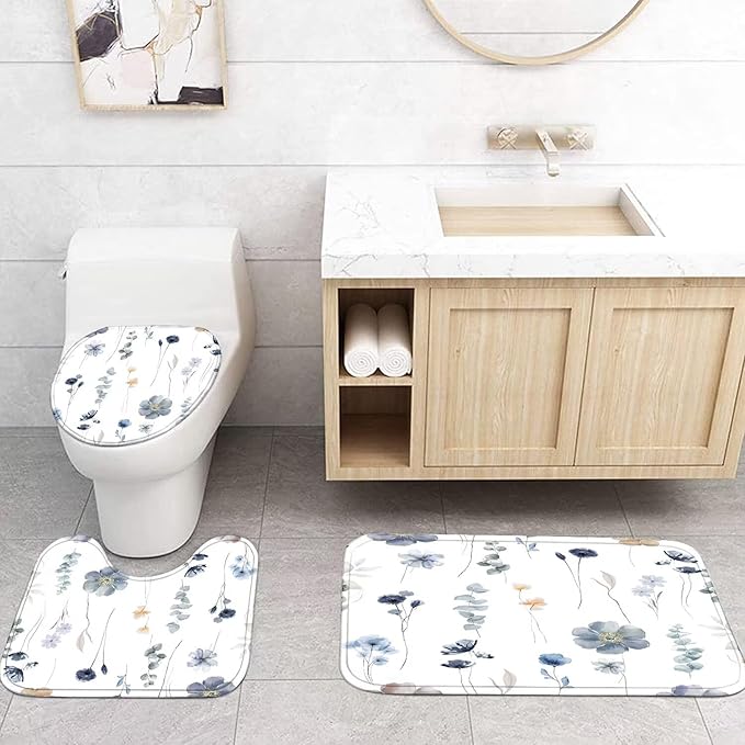 DDQQ 4Pcs Flower Shower Curtain Set with Floral Bathroom Sets, Blue Floral Shower Curtain with 12 Hooks, Bathroom Decor with Rugs Bath Accessories with Shower Curtains for Bathroom Toilet Lid Cover