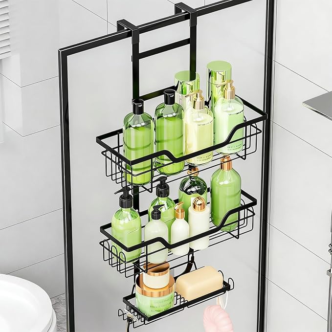 Two Layer Bathroom Storage Shelf Mounted on Door Highlighting 3 Fasteners Integrated Soap Dish Quick Drains Structure Bronzing Cream Door Cart